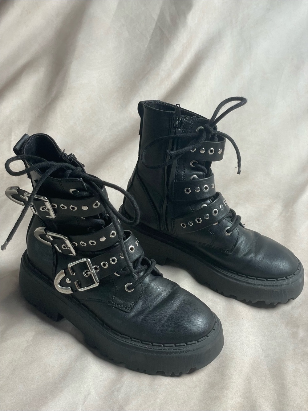ZARA Kids Black Buckle Combat Boots EU 32 US Youth 1 Moto Punk Leather
